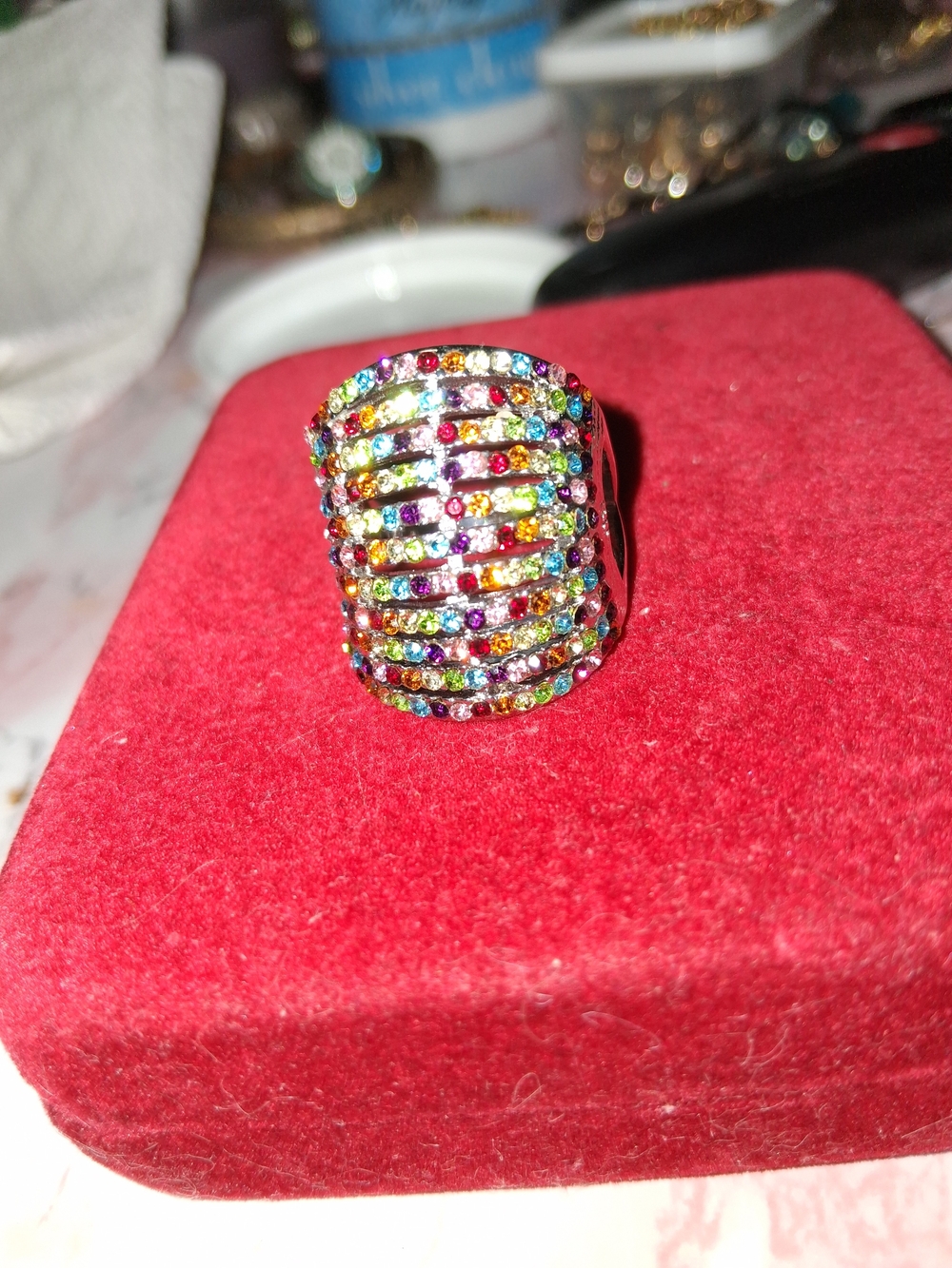 Source Unknown Multicolor Crystal Multi-Row Statement Ring